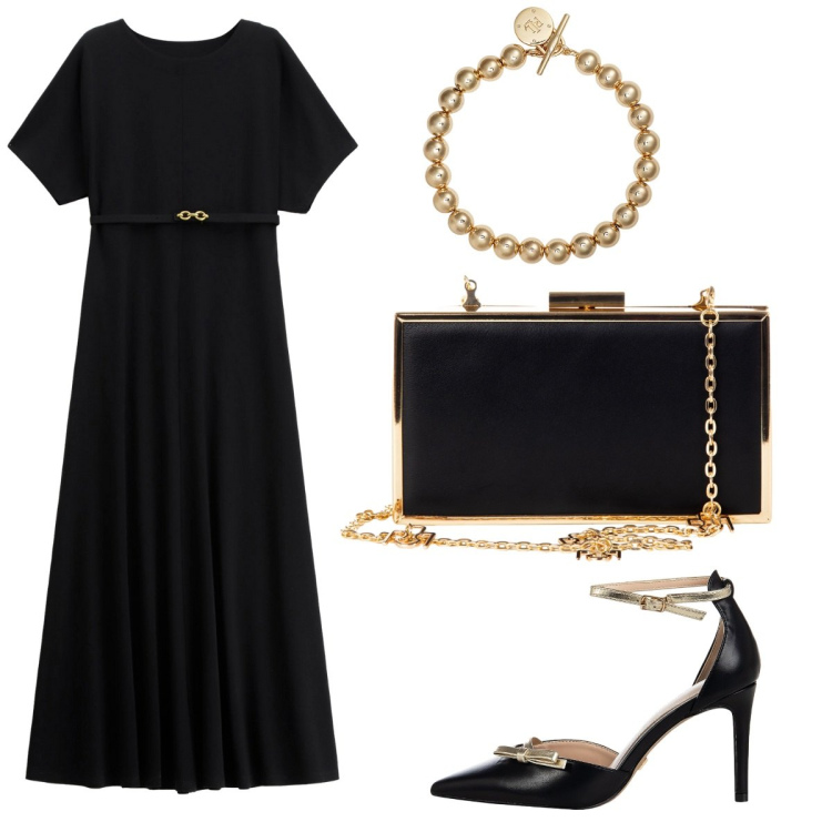 Outfit donna - Oro in Movimento. Stile Romantica per Cerimonia. Abbinamento con décolleté, pochette, vestiti lunghi, braccialetti.