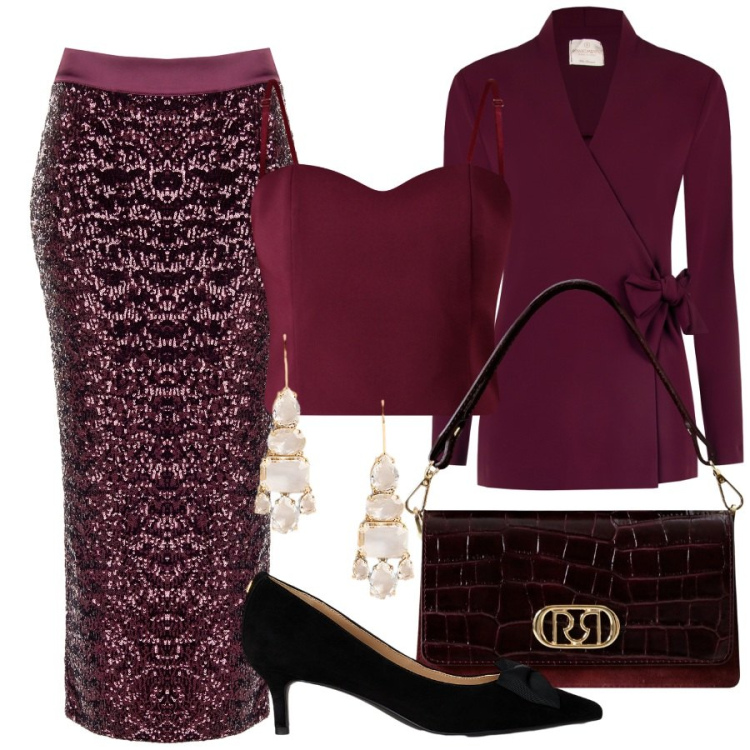 Outfit donna - Glamour autunnale. Stile Glamour per Serata fuori. Abbinamento con blazer, top, gonne longuette, borse a mano, décolleté, orecchini.