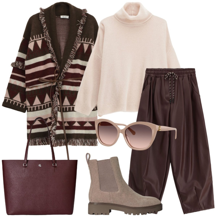 Outfit donna - Total look #2256616. Stile Casual per Tutti i giorni. Abbinamento con maglieria, pantaloni a palazzo, cappotti, occhiali da sole, stivaletti chelsea, borse tote.
