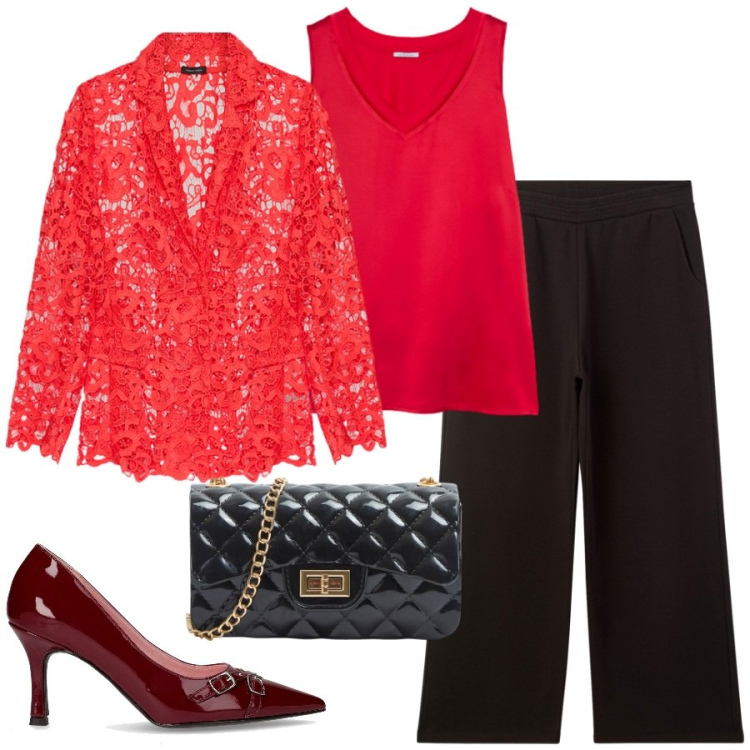 Outfit donna - Autunno in rosso - FDCI. Stile Sexy per Serata fuori. Abbinamento con borse a tracolla, pantaloni, blazer, top, décolleté.
