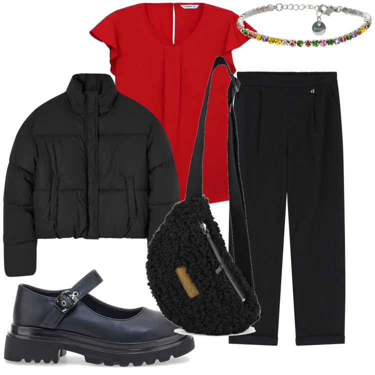 Outfit donna - Marsupio orsetto e braccialetto. Stile Casual chic per Tutti i giorni. Abbinamento con bluse, bomber, braccialetti, pantaloni, marsupi, ballerine.