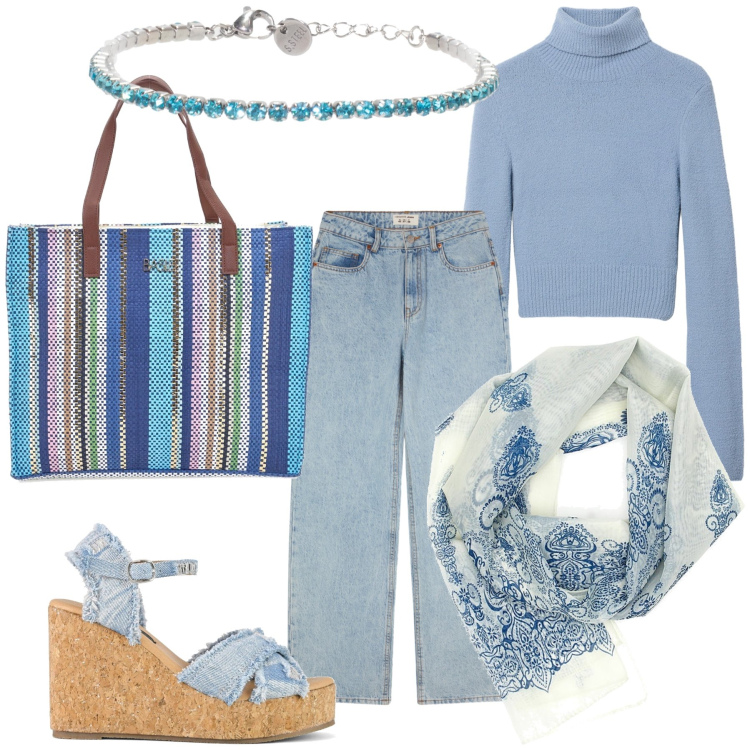 Outfit donna - Accessori ancora estivi. Stile Basic per Tutti i giorni. Abbinamento con jeans, maglieria, braccialetti, zeppe, shopping bag, foulard.