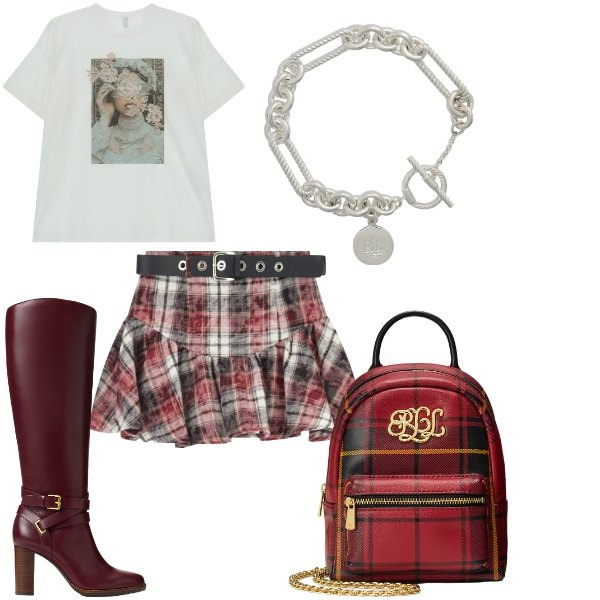 Outfit donna - outfit gonna & stivali. Stile Glamour per Tutti i giorni. Abbinamento con t-shirt, minigonne, stivali, braccialetti, borse a tracolla.