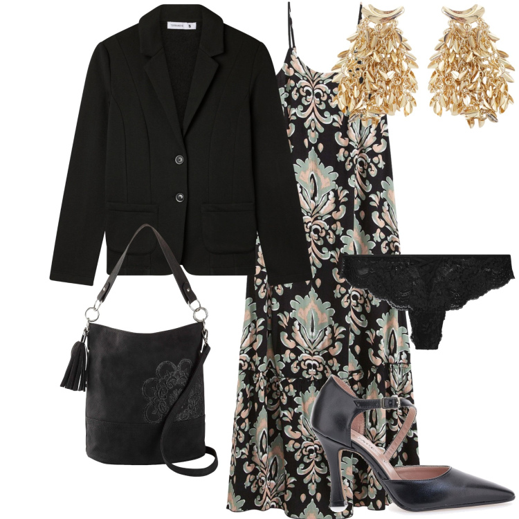 Outfit donna - Abito a sottoveste per serata. Stile Chic per Serata fuori. Abbinamento con vestiti, borse a mano, culotte, blazer, orecchini, décolleté.