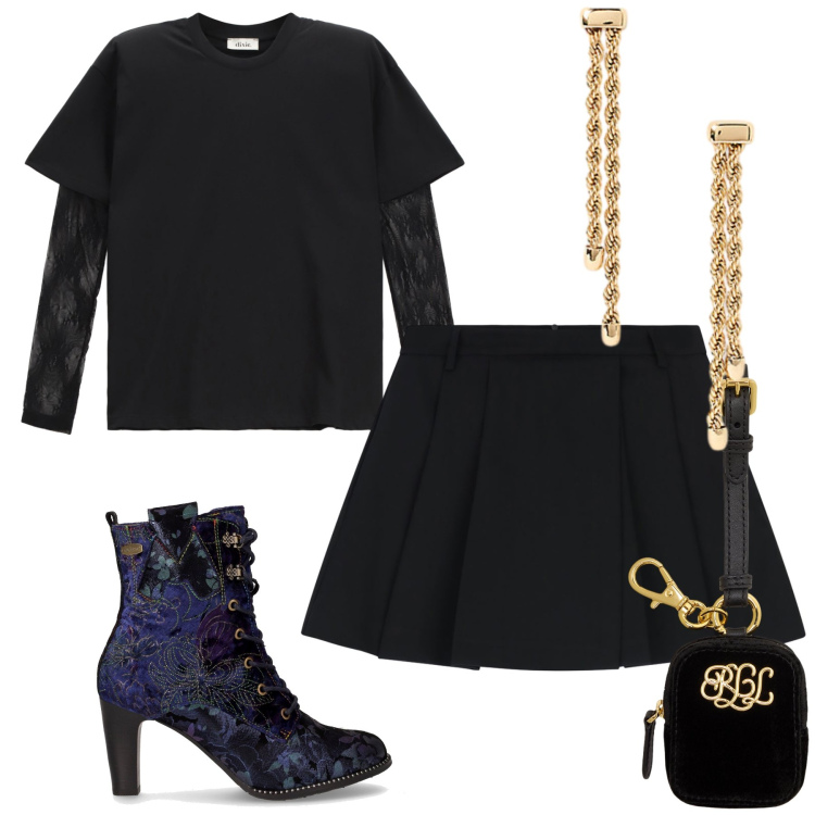 Outfit donna - Spumeggiante aperitivo. Stile Glamour per Serata fuori. Abbinamento con top, gonne, orecchini, pochette, stivaletti.