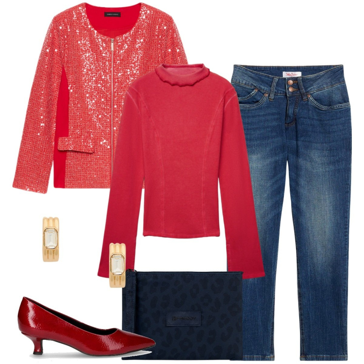 Outfit donna - Autunno in rosso - curvy. Stile Glamour per Serata fuori. Abbinamento con jeans mom, t-shirt, clutch, orecchini, décolleté, blazer.