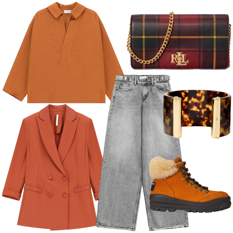 Outfit donna - Ruggine. Stile Trendy per Ufficio. Abbinamento con jeans, camicie, blazer, borse a mano, stivaletti, braccialetti.