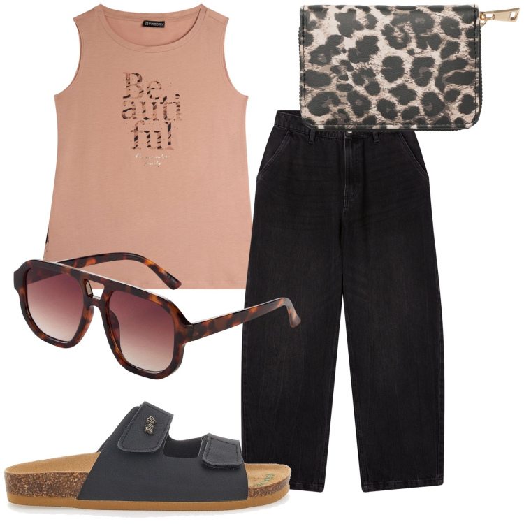 Outfit donna - We are all beautiful at home. Stile Basic per Tutti i giorni. Abbinamento con occhiali da sole, portafogli, jeans, canottiere, ciabatte.