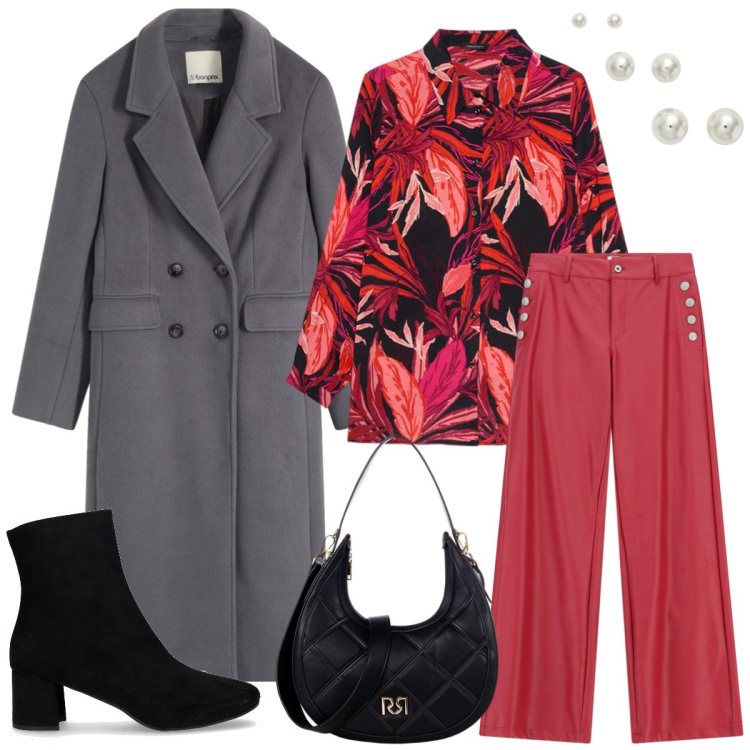 Outfit donna - Total look #2256627. Stile Casual chic per Ufficio. Abbinamento con cappotti, pantaloni a palazzo, borse a tracolla, orecchini, stivaletti, camicie.