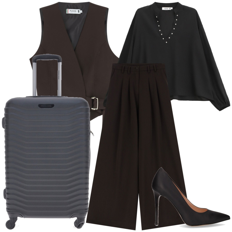 Outfit donna - In viaggio coi capi. Stile Urban per Ufficio. Abbinamento con camicie, pantaloni, gilet, décolleté, valigie.