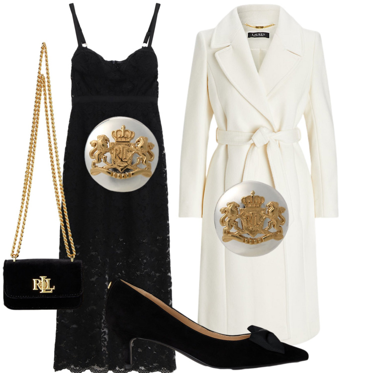 Outfit donna - L eleganza del cappotto bianco. Stile Chic per Serata fuori. Abbinamento con vestiti midi/longuette, orecchini, pochette, cappotti, décolleté.