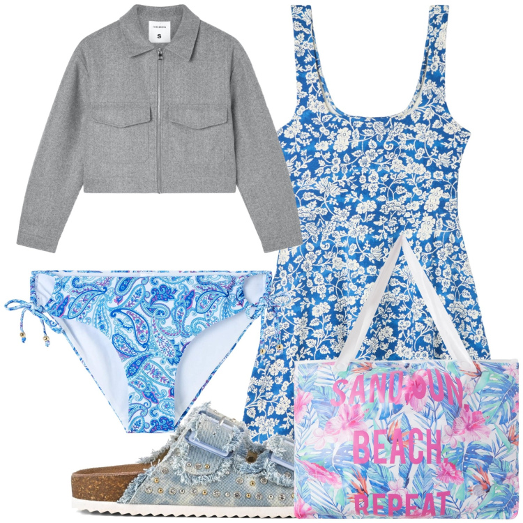 Outfit donna - Ancora in spiaggia. Stile Trendy per Mare. Abbinamento con borse tote, blazer, vestiti corti, bikini, sandali.