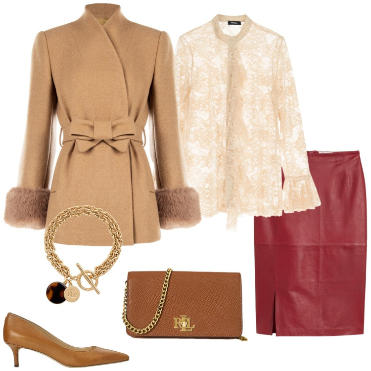 Outfit donna - Total look #2256634. Stile Chic per Serata fuori. Abbinamento con gonne, camicie, cappotti, décolleté, braccialetti con ciondoli, borse a tracolla.