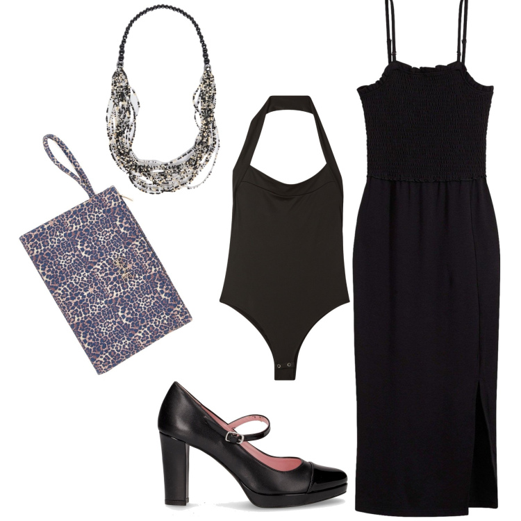 Outfit donna - Scontatissimo cocktail party. Stile Glamour per Serata fuori. Abbinamento con vestiti midi/longuette, body, collane, pochette, décolleté.
