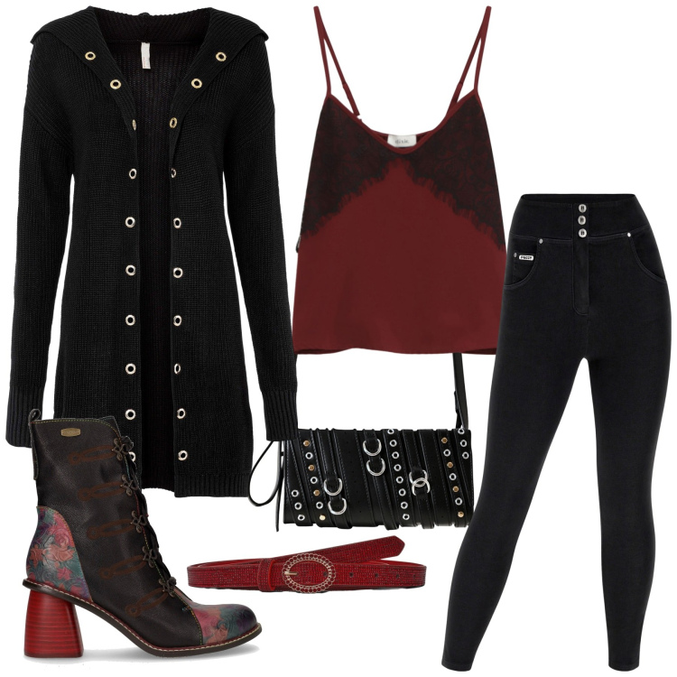 Outfit donna - Total look #2256637. Stile Trendy per Serata fuori. Abbinamento con cardigans, cinture, borse a spalla, pantaloni skinny, top, stivaletti.