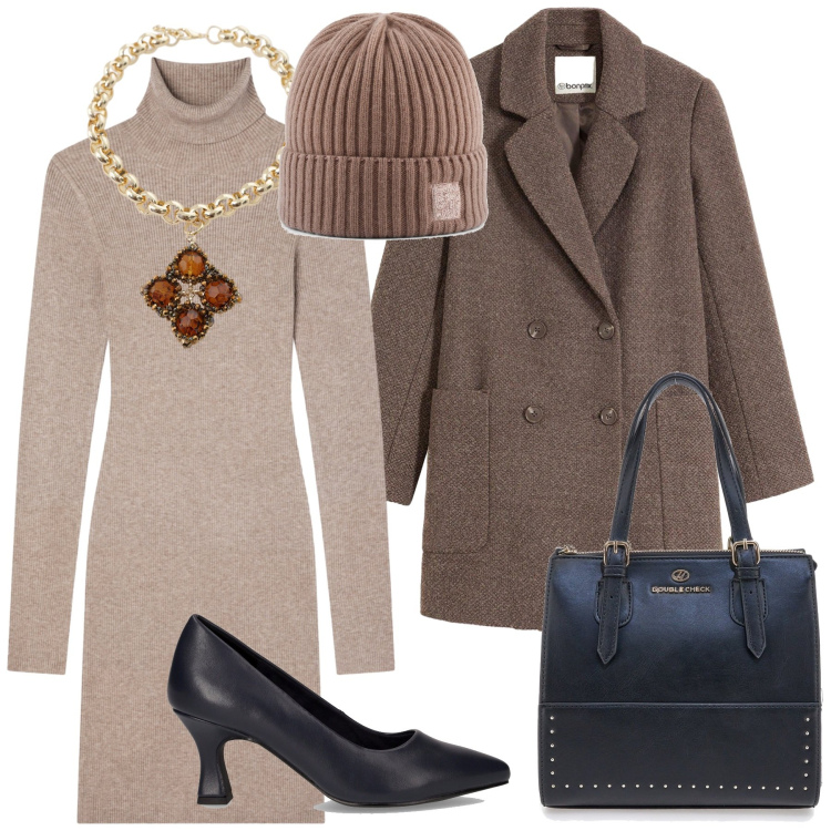 Outfit donna - Total look #2256639. Stile Glamour per Ufficio. Abbinamento con cappotti, vestiti corti, collane, borse a mano, décolleté, berretti.