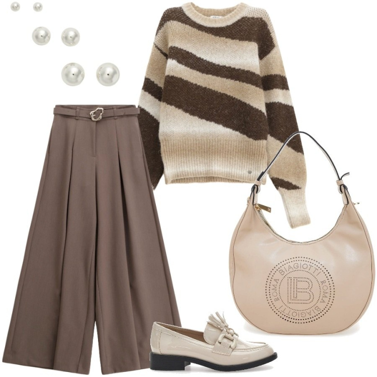 Outfit donna - Morbidezza e comfort. Stile Casual chic per Ufficio. Abbinamento con pullovers, pantaloni, orecchini, mocassini, borse a spalla.