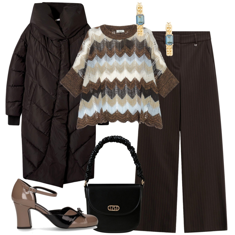 Outfit donna - Cioccolato. Stile Urban per Tutti i giorni. Abbinamento con cappotti, borse a mano, maglieria, pantaloni a palazzo, orecchini, décolleté.