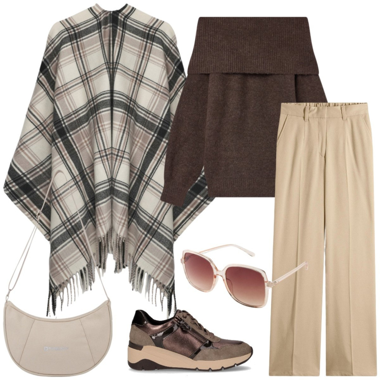 Outfit donna - Total look #2256646. Stile Casual per Tutti i giorni. Abbinamento con pantaloni, occhiali da sole, cappotti, maglieria, borse a spalla, sneakers alte.