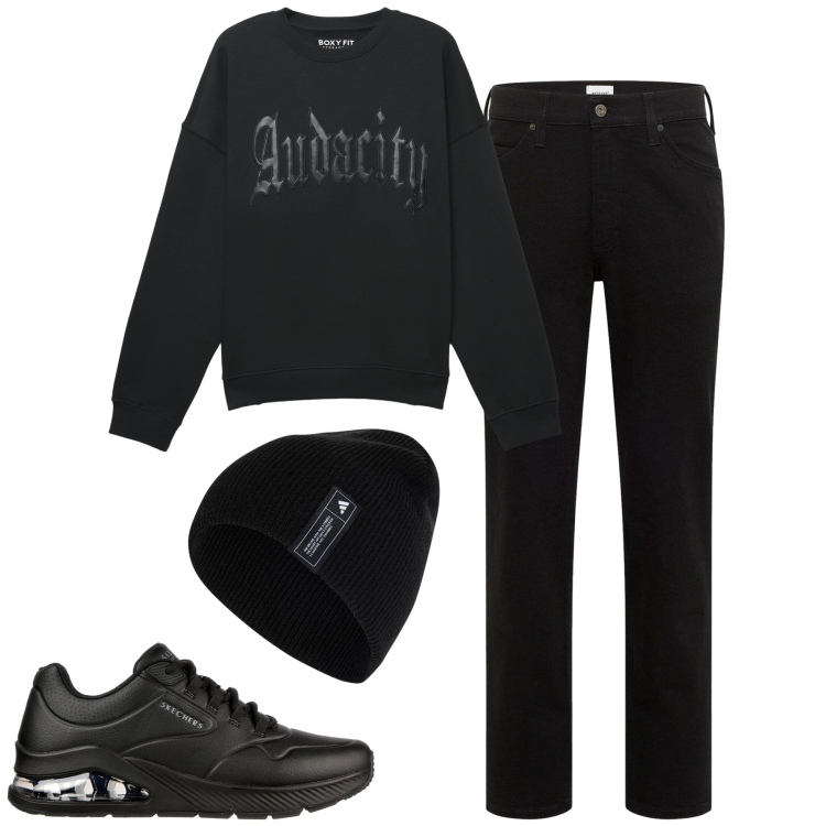 Outfit uomo - Black. Stile Casual per Tutti i giorni. Abbinamento con jeans dritti, felpe, berretti, sneakers.