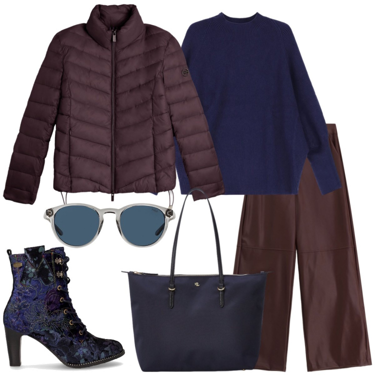 Outfit donna - Total look #2256649. Stile Casual per Tutti i giorni. Abbinamento con piumini, maglieria, pantaloni a palazzo, occhiali da sole, borse tote, stivaletti.