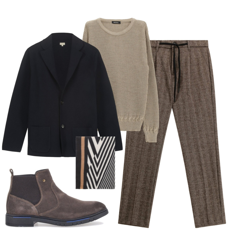 Outfit uomo - City. Stile Urban per Tutti i giorni. Abbinamento con maglieria, sciarpe, pantaloni, stivali e stivaletti, giacche.