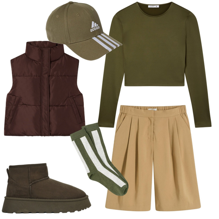 Outfit donna - Autumn afternoon. Stile Casual per Tutti i giorni. Abbinamento con bermuda, piumini, t-shirt, stivali, collant, cappelli con visiera.