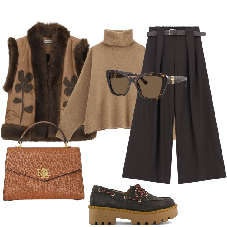 Outfit donna - Etnico chic. Stile Etnico per Tutti i giorni. Abbinamento con maglieria, gilet, pantaloni, occhiali da sole, borse a mano, mocassini.