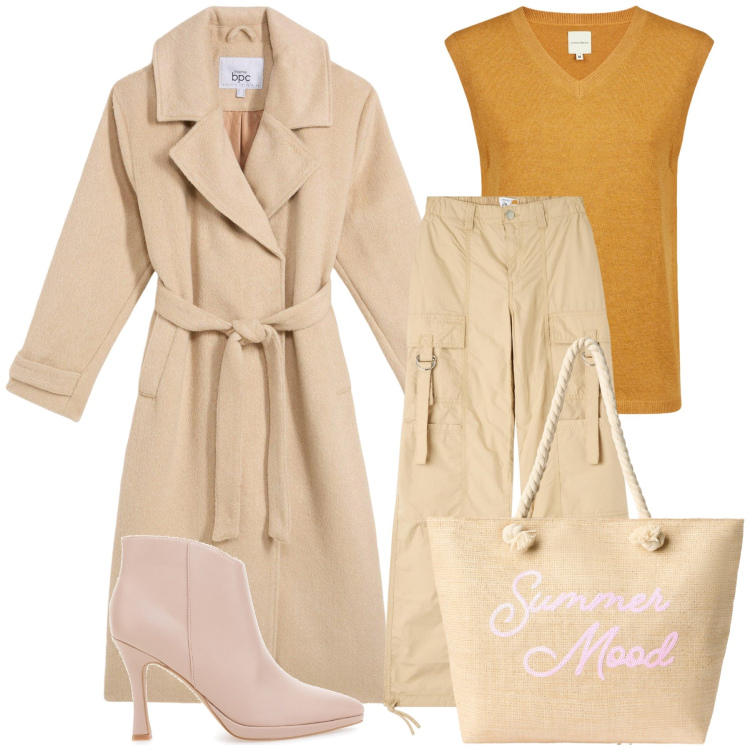 Outfit donna - Vaniglia e caramello. Stile Urban per Ufficio. Abbinamento con cappotti, borse tote, pantaloni cargo, maglieria, stivaletti.