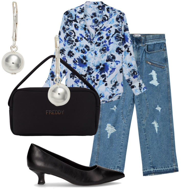Outfit donna - Jeans strappati look da lady. Stile Sporty chic per Tutti i giorni. Abbinamento con camicie, jeans strappati, borse a mano, orecchini, décolleté.
