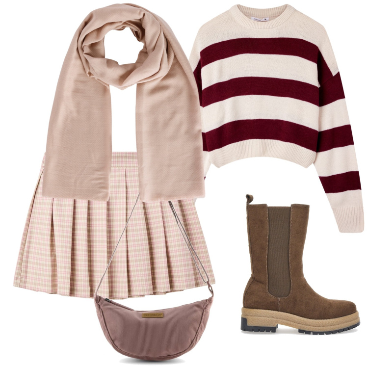 Outfit donna - Al calduccio. Stile Preppy per Tutti i giorni. Abbinamento con minigonne, foulard, maglieria, stivaletti chelsea, borse a tracolla.