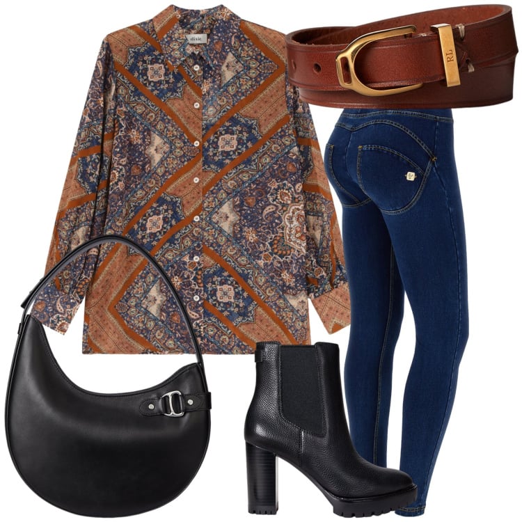 Outfit donna - Città camicetta e leggings. Stile Urban per Tutti i giorni. Abbinamento con jeggings, camicie, stivaletti chelsea, braccialetti, borse a spalla.