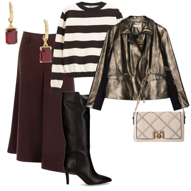Outfit donna - Gonna e stivali. per Tutti i giorni. Abbinamento con pullovers, gonne longuette, borse a tracolla, orecchini, stivali, giacche.