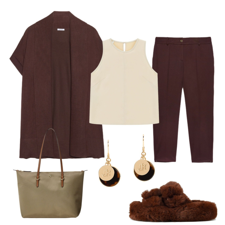 Outfit donna - Semplicità!. Stile Casual per Tutti i giorni. Abbinamento con top, borse tote, orecchini, ciabatte, cardigans, pantaloni.