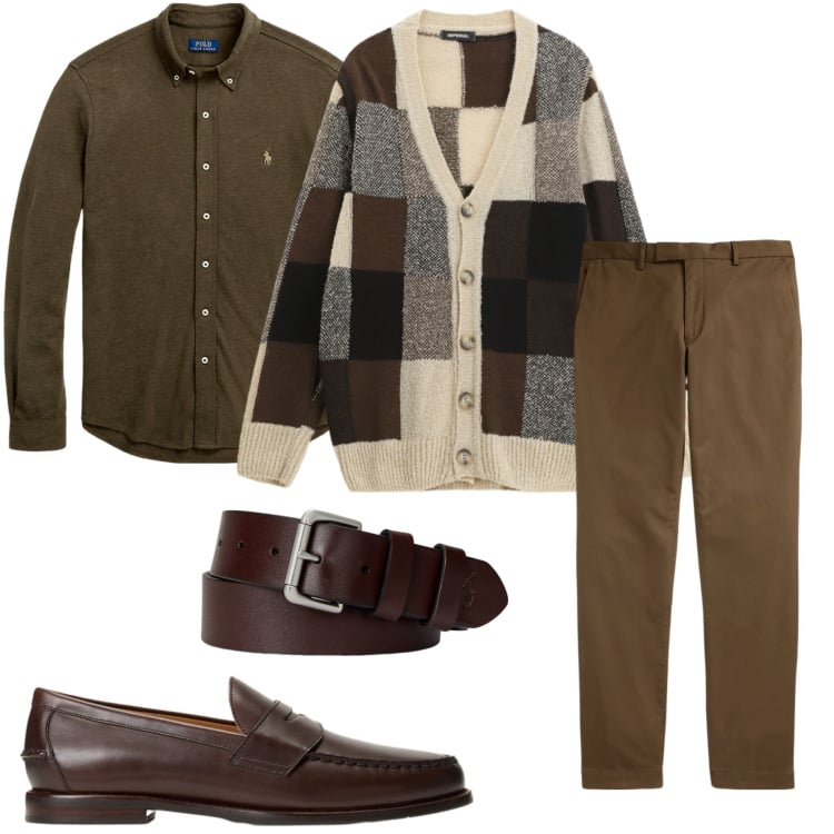 Outfit uomo - Eleganza in maglia. Stile Business/Elegante per Serata speciale. Abbinamento con cardigans, camicie, cinture, pantaloni, scarpe stringate.