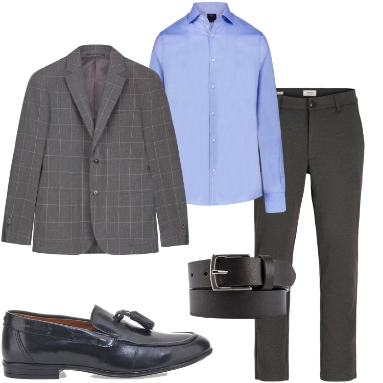 Outfit uomo - Serata in città. Stile Business/Elegante per Serata speciale. Abbinamento con pantaloni chino, camicie, giacche, cinture, scarpe stringate.