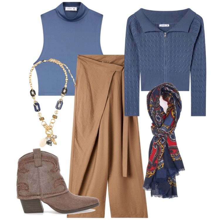 Outfit donna - Il collo scoperto?..balorda nostalgia. Stile Etnico per Tutti i giorni. Abbinamento con pantaloni, cardigans, top, foulard, stivaletti texani, collane.