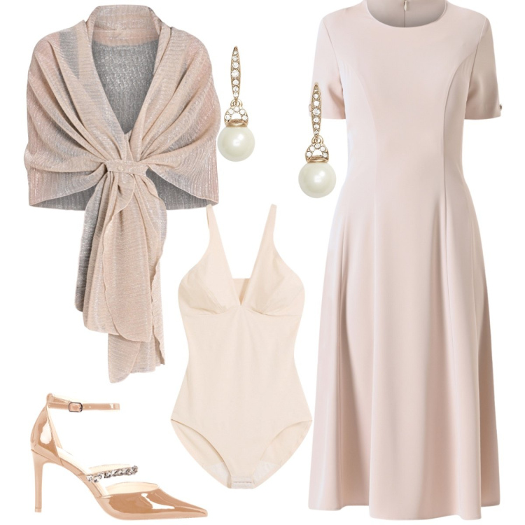 Outfit donna - Sposa di ottobre. Stile Chic per Cerimonia. Abbinamento con body, vestiti, stole, décolleté, orecchini.