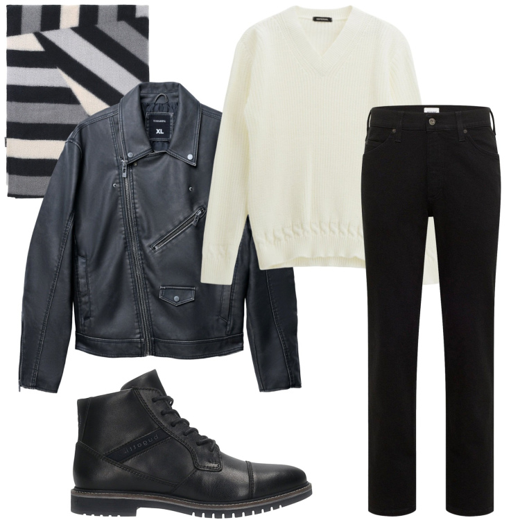 Outfit uomo - Giacca in pelle. Stile Urban per Tutti i giorni. Abbinamento con jeans dritti, giacche, sciarpe, maglieria, anfibi.