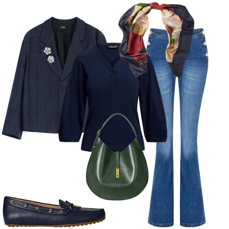 Outfit donna - Quel tocco di verde. Stile Glamour per Tutti i giorni. Abbinamento con jeans a zampa, blazer, mocassini, borse a spalla, maglieria, foulard.