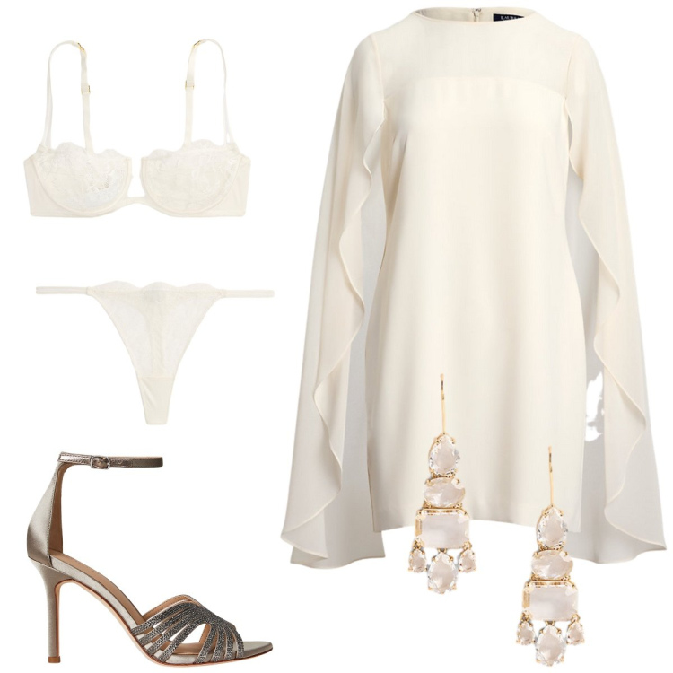 Outfit donna - Sposa di ottobre. Stile Chic per Cerimonia. Abbinamento con vestiti a tubino, perizomi, orecchini, sandali gioiello, reggiseni a balconcino.