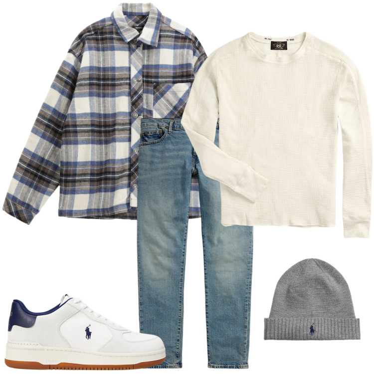 Outfit uomo - Casual style. Stile Casual per Tutti i giorni. Abbinamento con camicie, maglieria, berretti, sneakers, jeans.