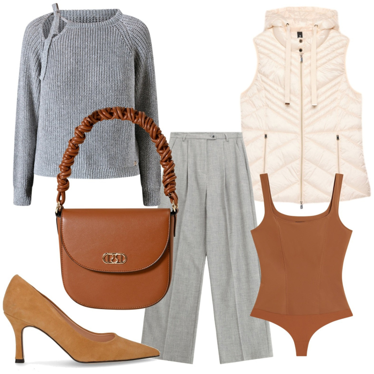 Outfit donna - Maglioni avvolgenti. Stile Minimal per Tutti i giorni. Abbinamento con maglieria, borse a mano, body, pantaloni, décolleté, piumini.