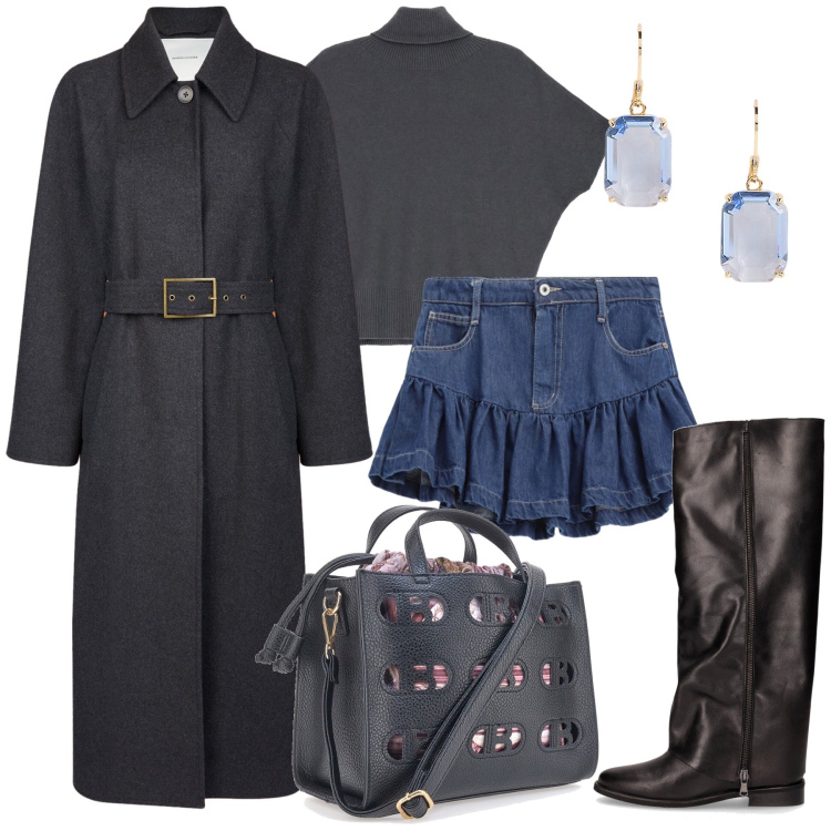Outfit donna - La mini in jeans. Stile Glamour per Tutti i giorni. Abbinamento con minigonne, maglieria, orecchini, borse a mano, cappotti, stivali.