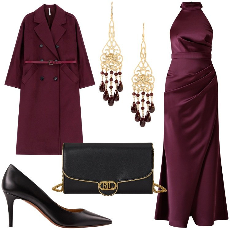 Outfit donna - Glamour autunnale. Stile Glamour per Serata fuori. Abbinamento con vestiti lunghi, cappotti, décolleté, orecchini, borse a tracolla.