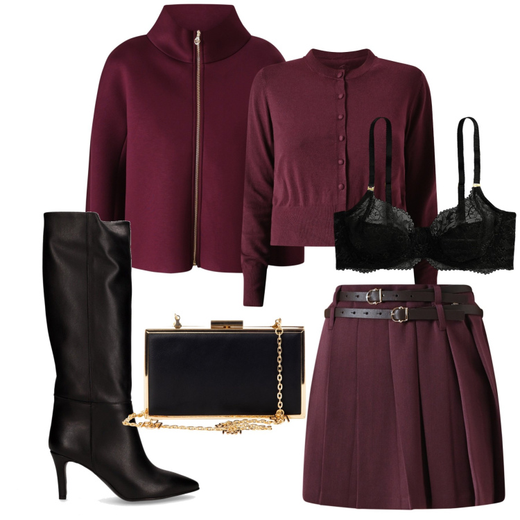Outfit donna - Una serata romantica. Stile Glamour per Serata fuori. Abbinamento con minigonne, cappe, cardigans, pochette, reggiseni, stivali.