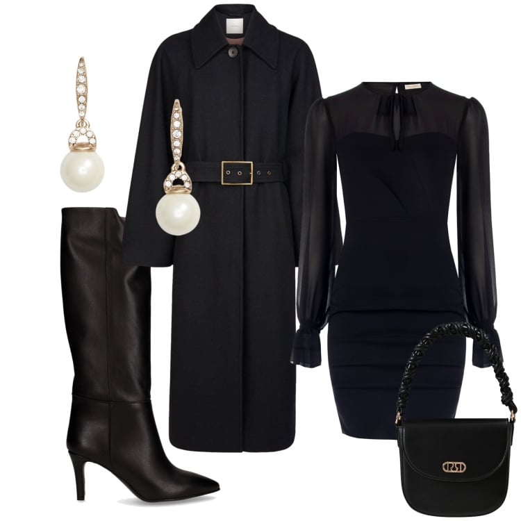 Outfit donna - Quell\'invito a cena che tanto aspettavo. Stile Glamour per Serata fuori. Abbinamento con vestiti a tubino, borse a mano, orecchini, cappotti, stivali.