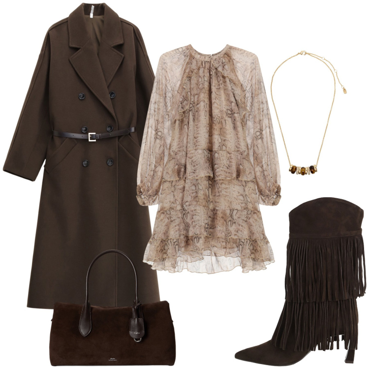 Outfit donna - Wow che stile!. Stile Boho per Serata fuori. Abbinamento con vestiti corti, cappotti, stivali, collane, borse a mano.