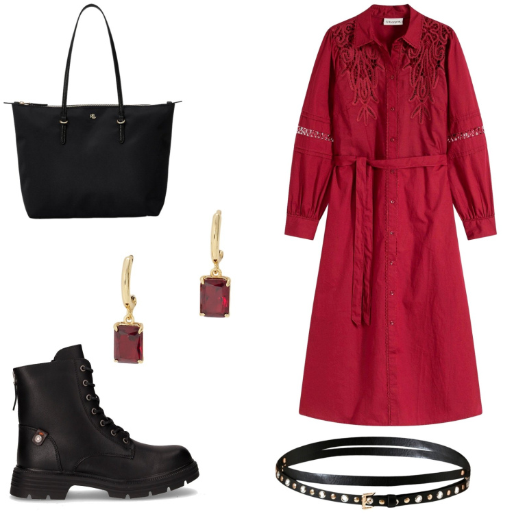 Outfit donna - Red dress in love. Stile Chic per Tutti i giorni. Abbinamento con vestiti midi/longuette, cinture, borse tote, orecchini, anfibi.