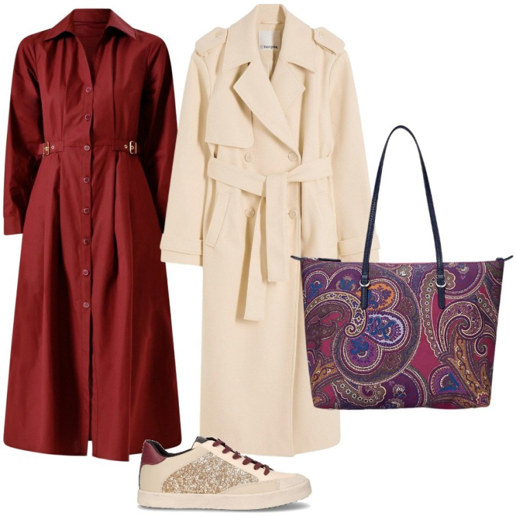 Outfit donna - Al lavoro con stile. Stile Casual chic per Ufficio. Abbinamento con trench, vestiti chemisier, borse tote, sneakers.
